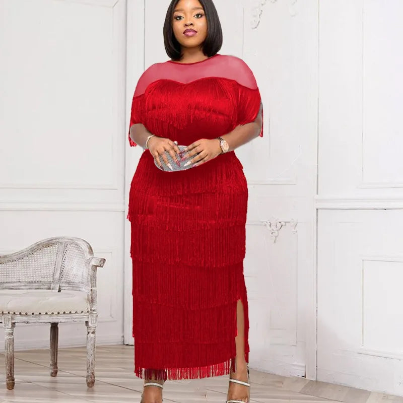 Customized Plus Size African Party Evening Dresses for Women Summer Tassel Short Sleeve Traditional Dashiki African Clothes Anka